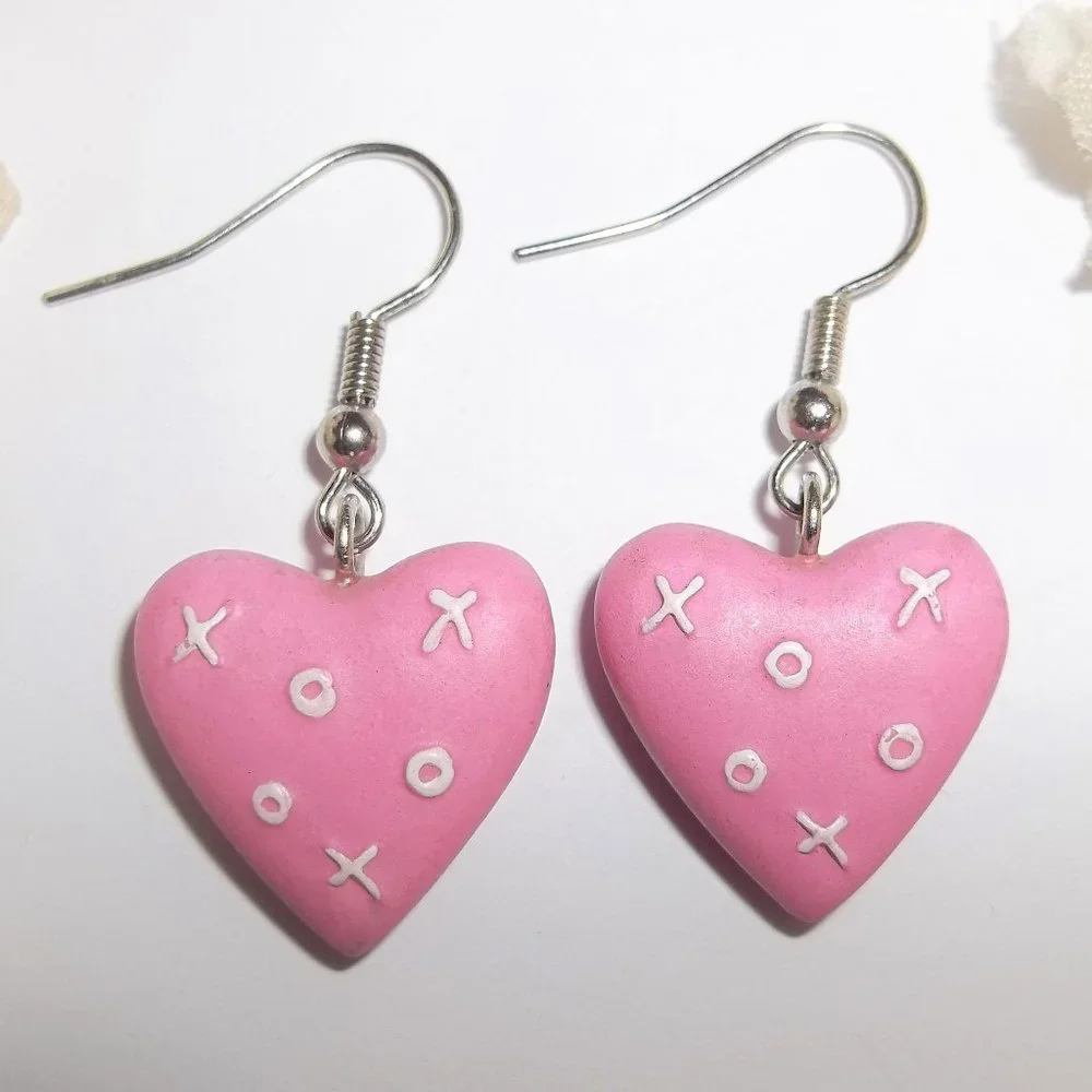 Pre-owned Valentine Day Earrings Pink Hearts X O Hugs Kisses Jewelry Girl A217